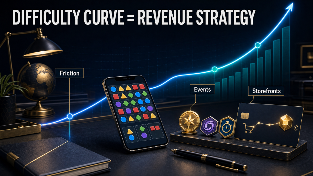 Editorial image with the headline Difficulty Curve = Revenue Strategy, showing a mobile puzzle board, rising revenue curve, and labeled friction, events, and storefronts.