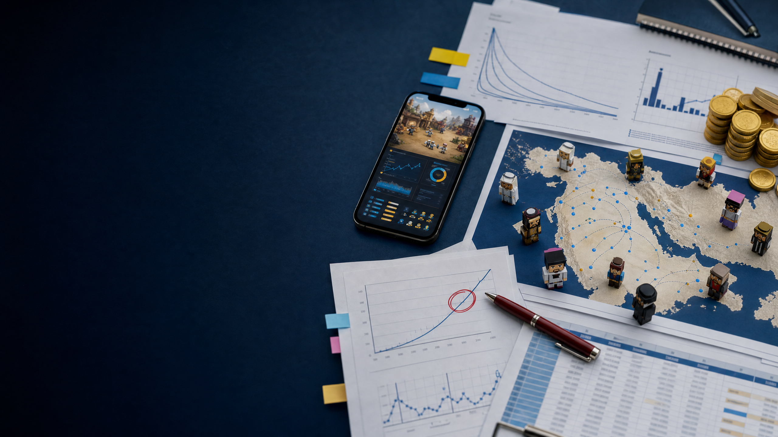 Textless editorial photograph of a mobile game studio diligence table with a prototype phone, retention curves, payback charts, funding tokens, and creator ecosystem map.