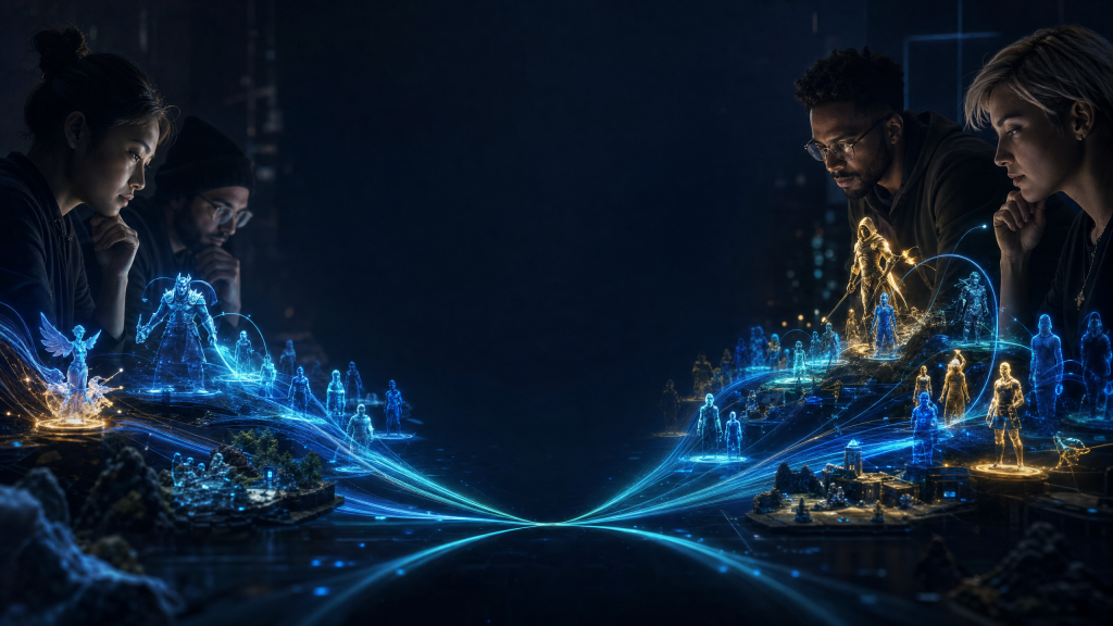 Textless editorial image of mobile game operators and creators studying glowing player-signal paths, with dark center space for the article title overlay.