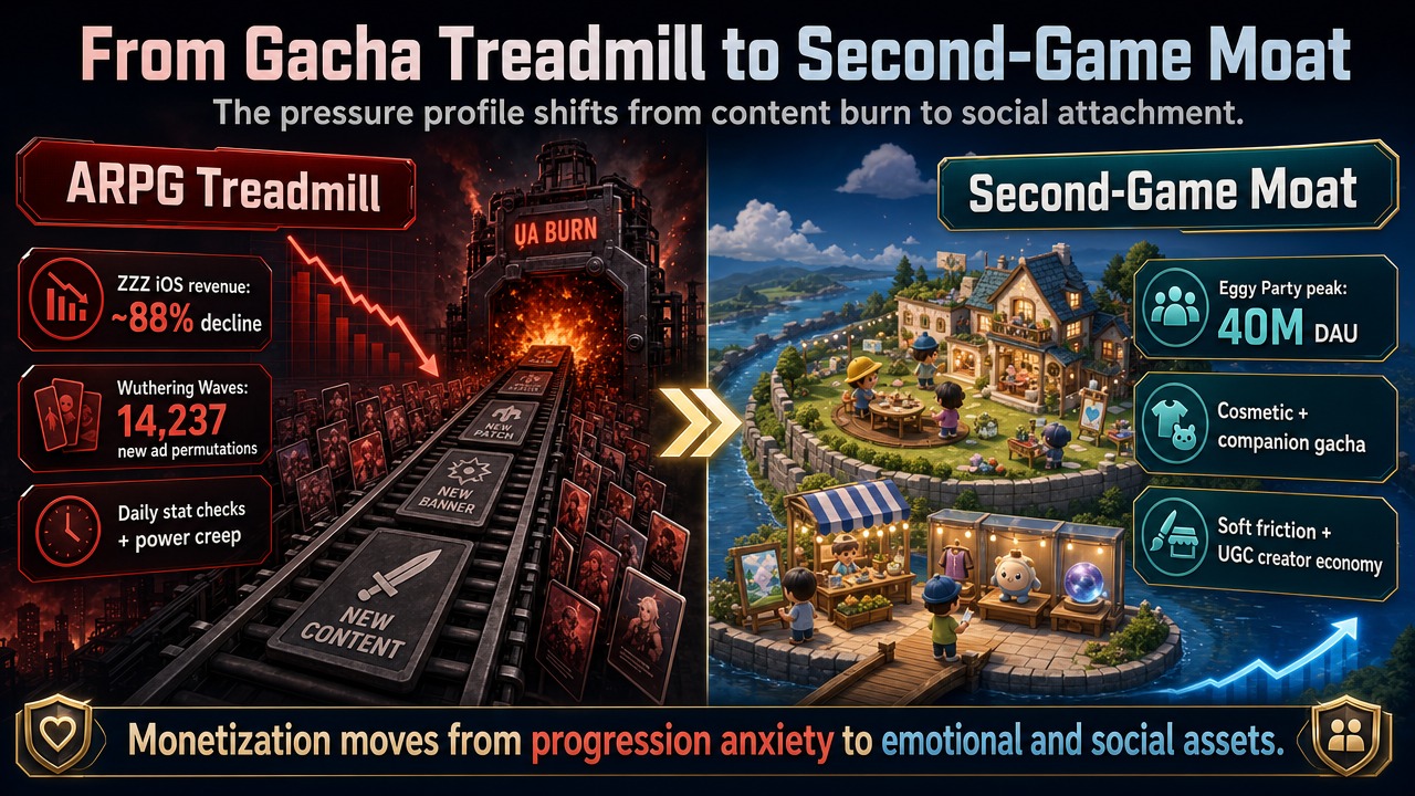 Second game strategy infographic showing a red ARPG content treadmill and UA burn machine beside a blue lifestyle-sim island moat with player attachment and creator economy callouts.