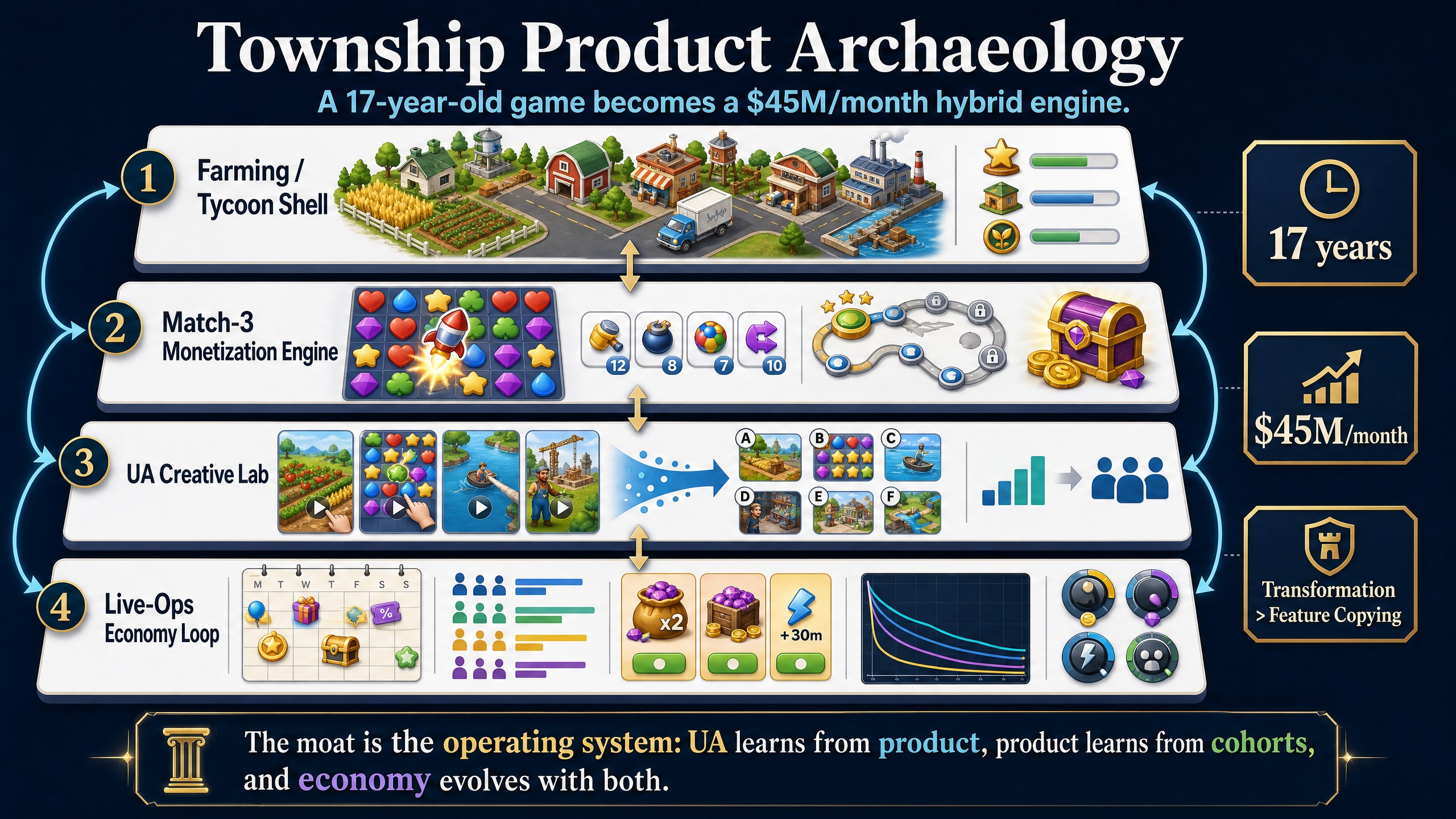 Infographic showing an exploded product archaeology of Township, with farming and tycoon shell, match-3 monetization, UA creative lab, and live-ops economy loop.