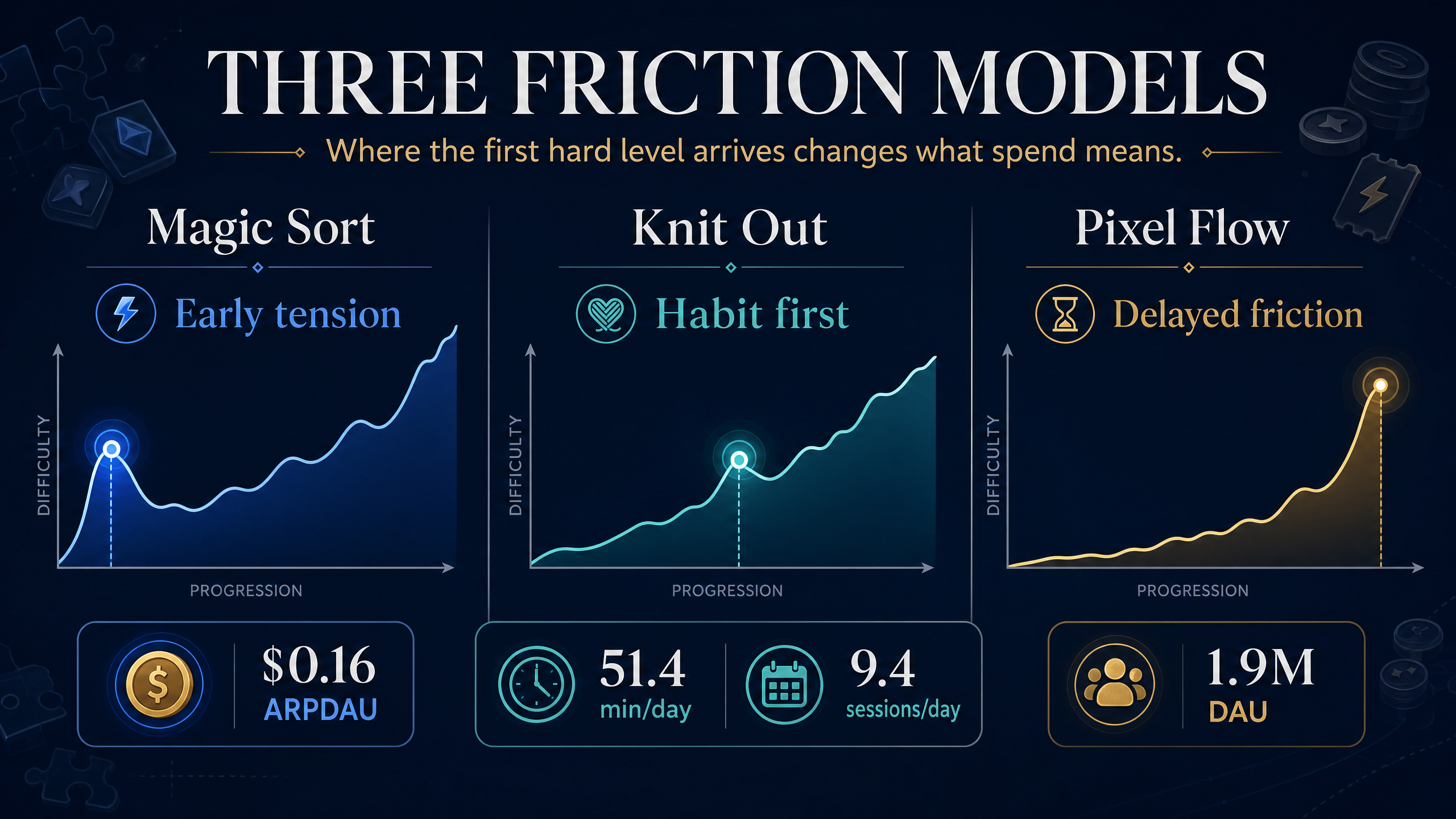 Comparison of Magic Sort, Knit Out, and Pixel Flow showing how first friction timing changes monetization pressure, habit formation, and session depth.