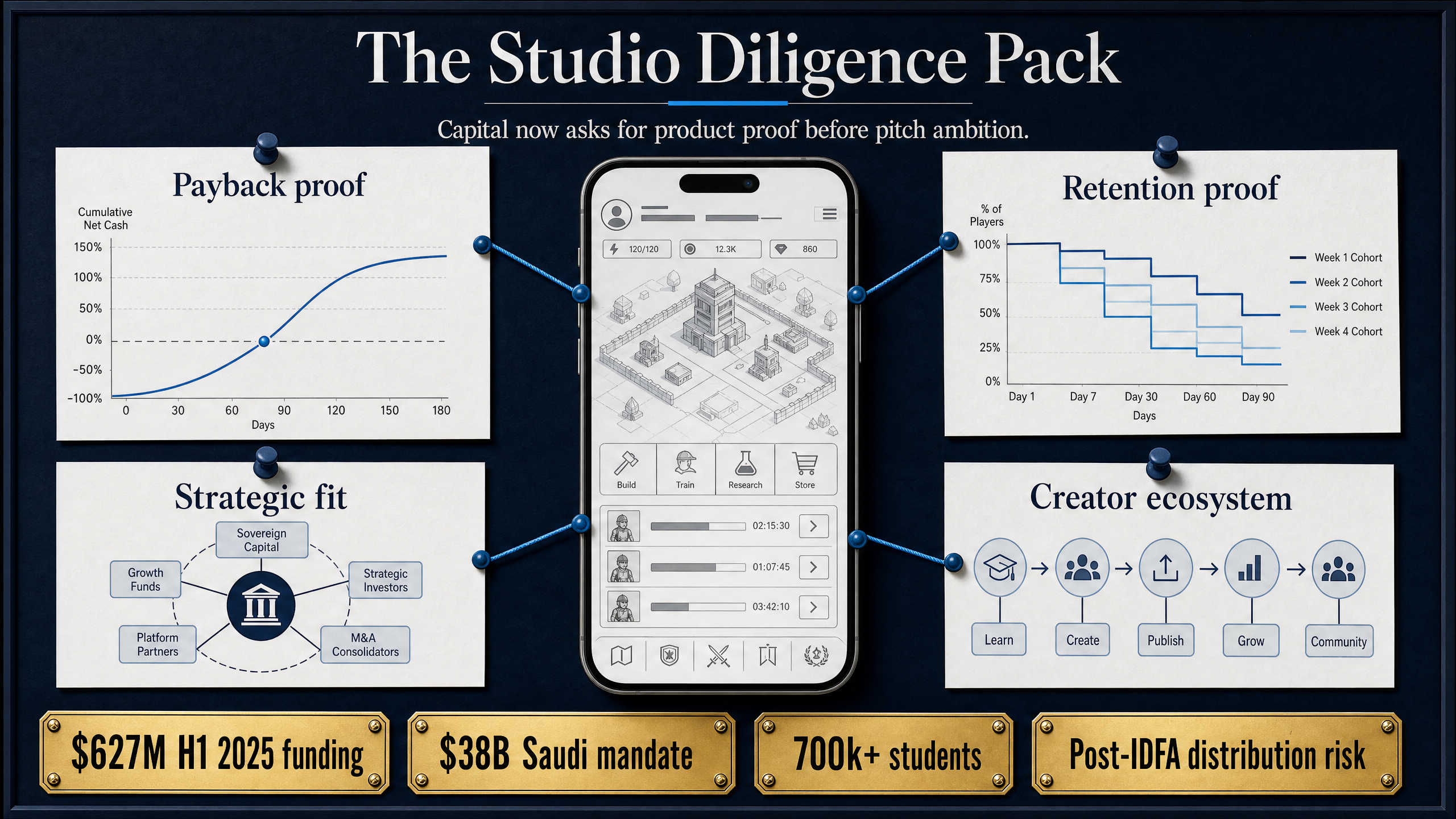 Forensic diligence board showing a mobile game prototype tested against payback proof, retention proof, strategic fit, creator ecosystem signals, and source-backed funding pressures.