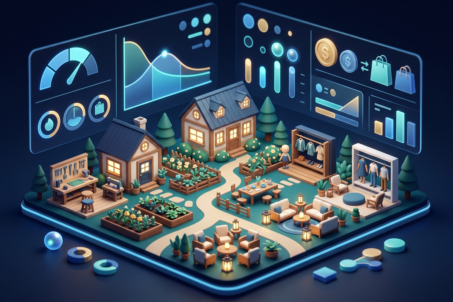 Generated editorial illustration of a cozy mobile game economy dashboard and low-pressure lifestyle systems.