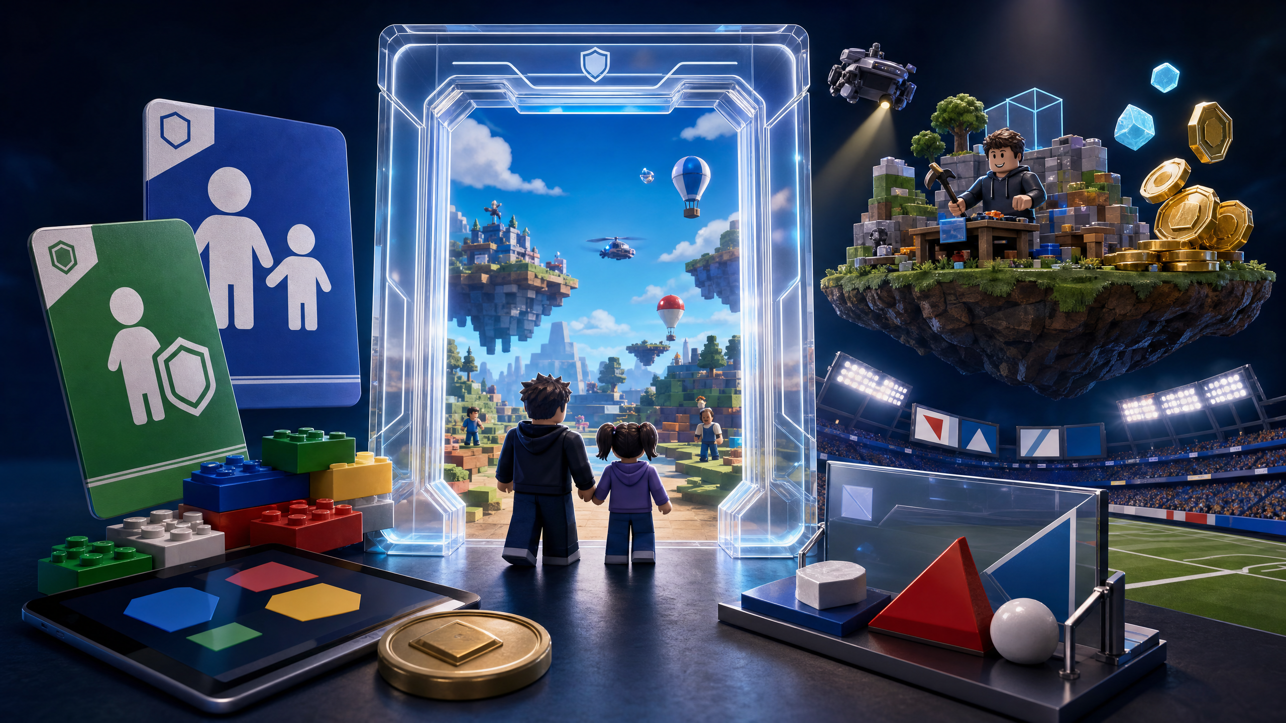 Textless editorial scene showing a game-platform access gate with parent-safety, creator-economy, brand-integration, and player-payment objects around it.