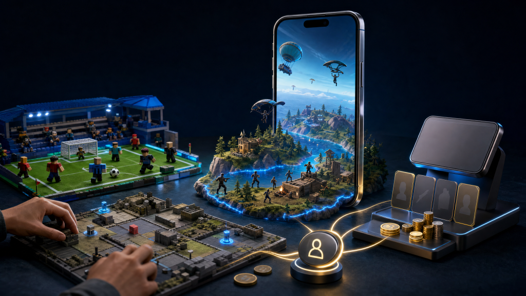 Textless editorial hero image showing a smartphone portal into a battle royale island, blocky football creator pitch, tactical UGC map editor, and D2C checkout system.