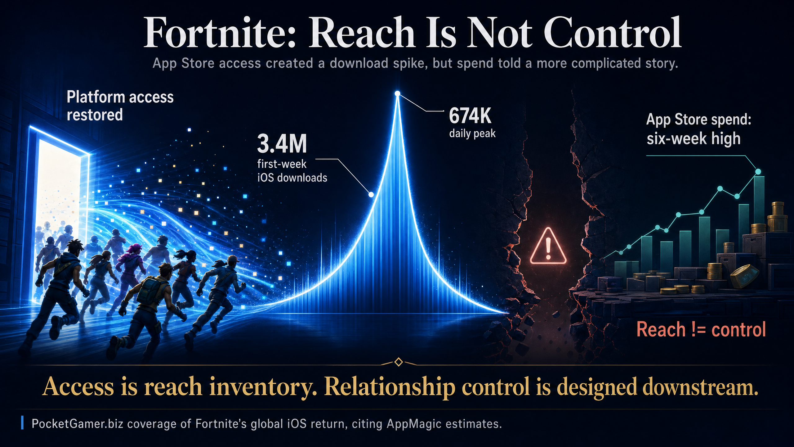 Source-derived visual showing Fortnite's iOS return as a reach spike, with 3.4 million first-week iOS downloads, a 674,000 daily peak, and App Store spending reaching a six-week high.