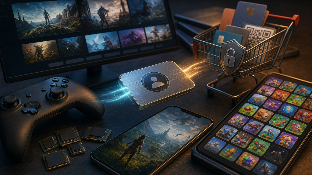 Textless editorial image showing a player-account access token moving between console hardware, mobile, PC storefront, D2C checkout, and app-surface artifacts.