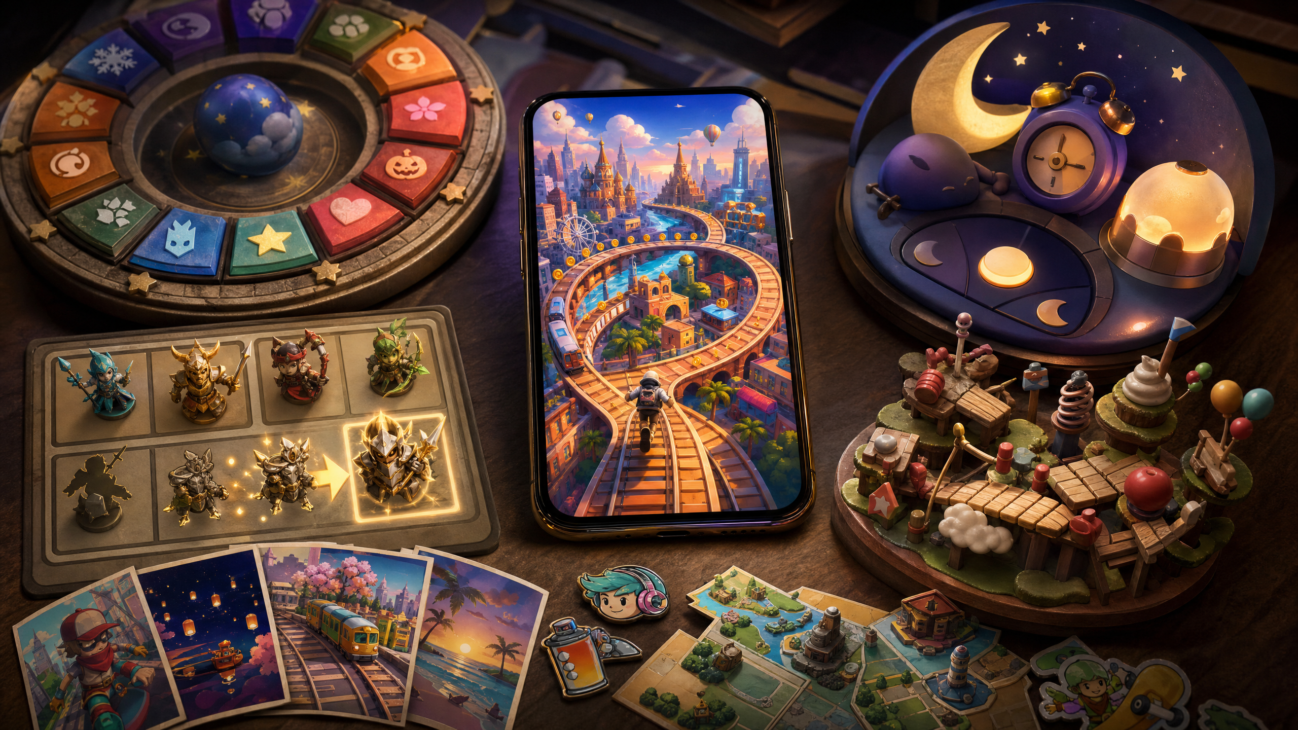 Editorial illustration of a mobile game habit loop showing live-ops cadence, progression, sleep ritual, anniversary memory, and fandom as layered return signals.