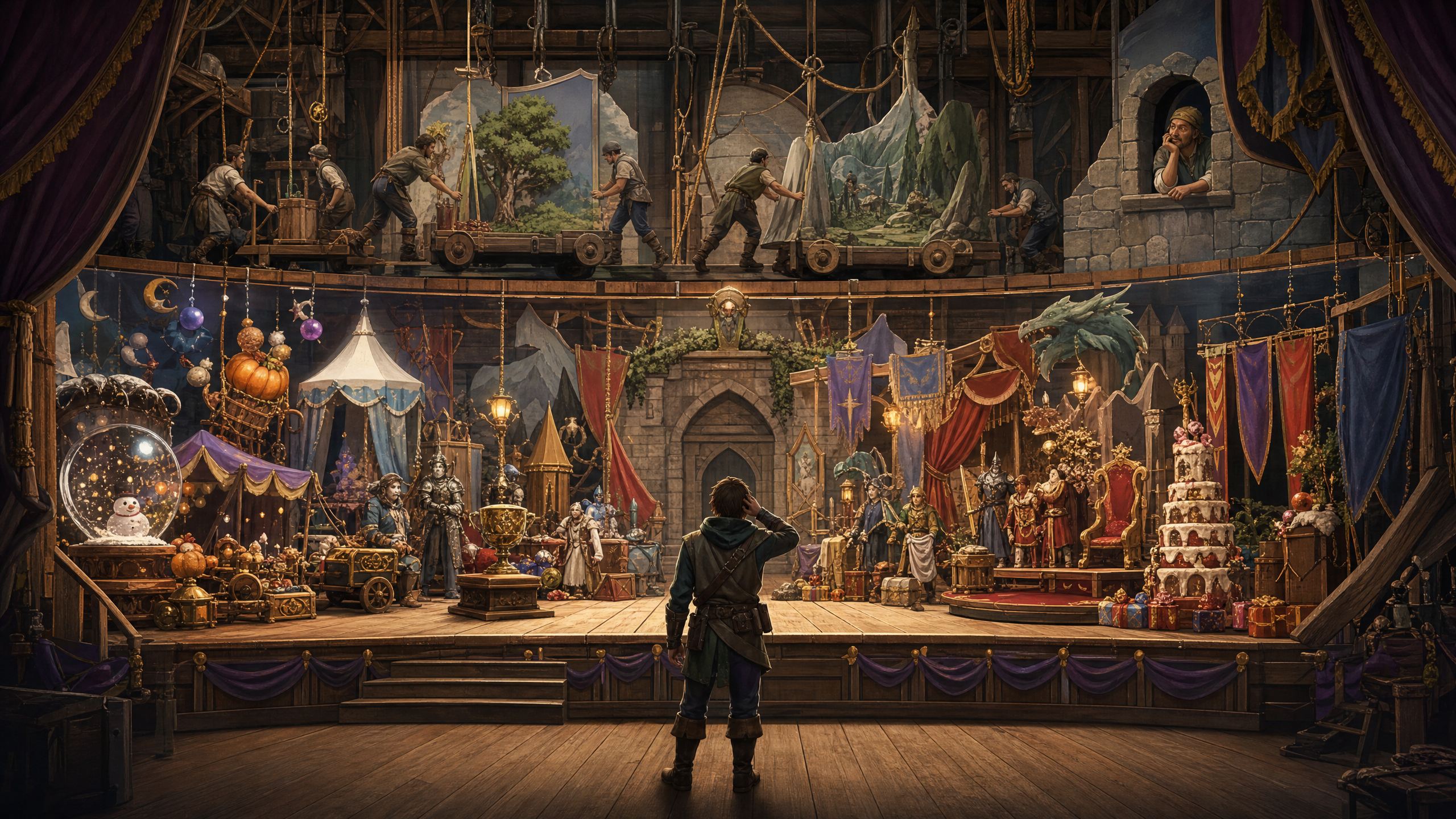 Overloaded fantasy game stage packed with simultaneous event attractions while backstage crews keep adding more scenery and one player searches for the main path.