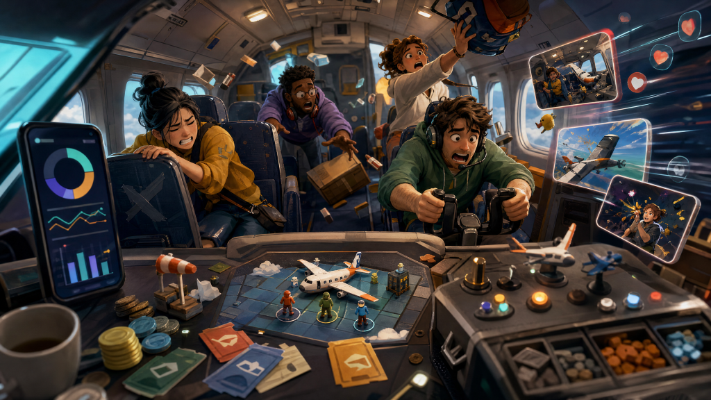 Chaotic co-op airplane game scene with abstract launch-readiness artifacts, showing viral social launch proof beside soft-launch testing.
