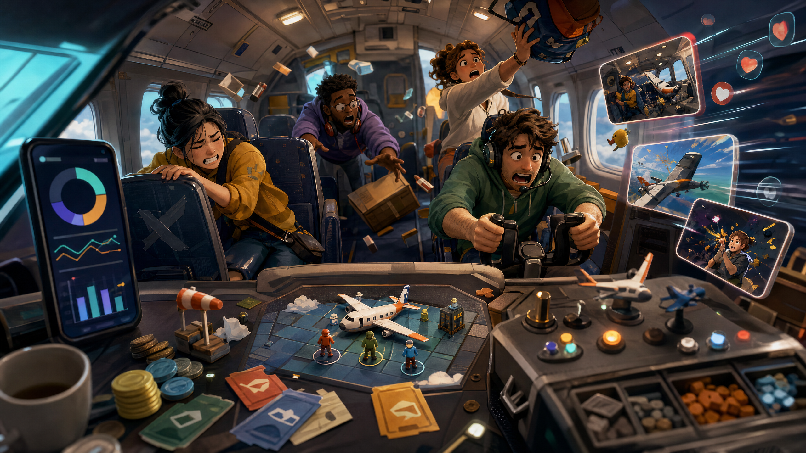 Chaotic co-op airplane game scene with abstract launch-readiness artifacts, showing viral social launch proof beside soft-launch testing.