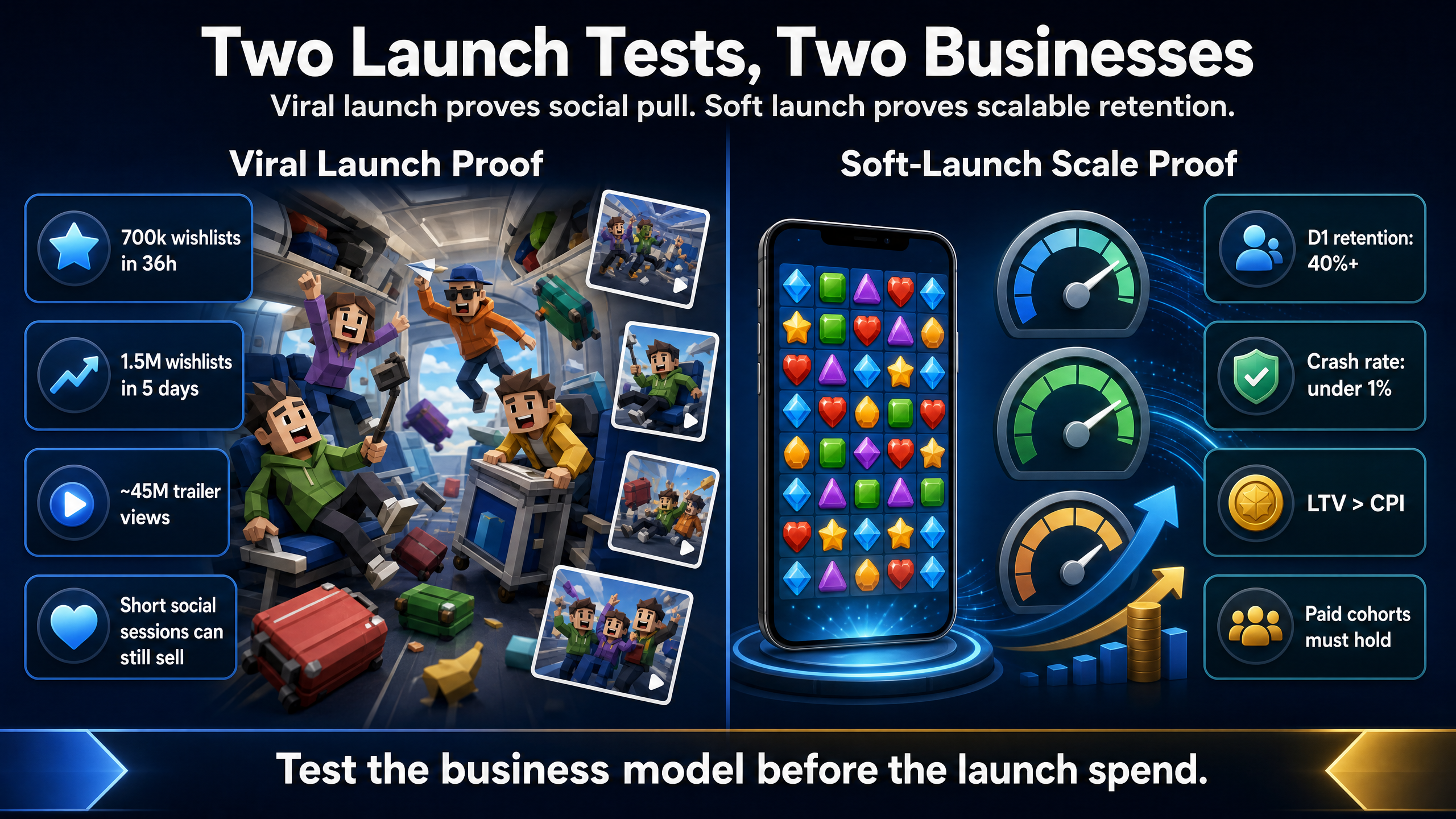 Split-screen launch test comparison showing viral co-op launch signals beside soft-launch retention and monetization readiness gauges.