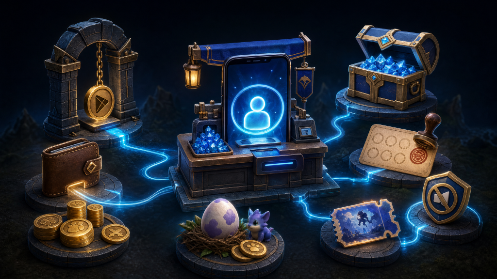 Textless mobile game commerce scene with a web-shop checkout, app-store toll, local wallet, loyalty card, event ticket, and virtual item reward.