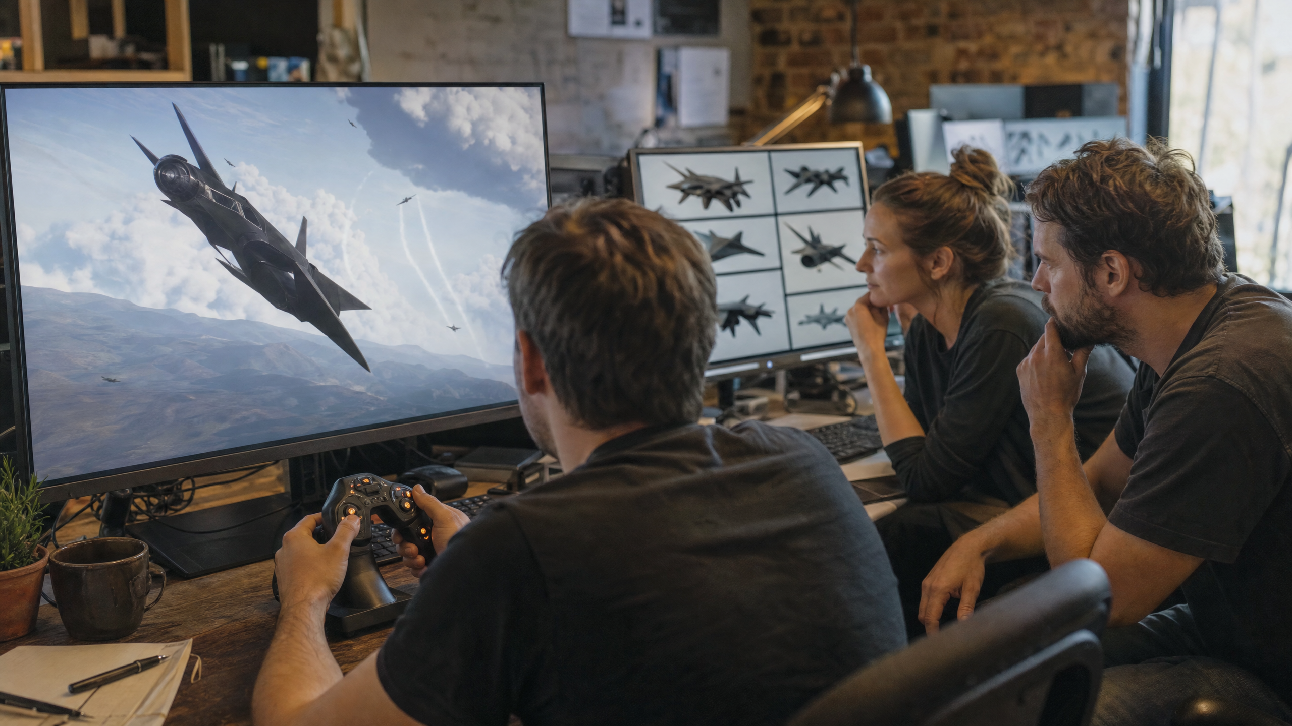 A small game team reviews a fictional jet banking through an air-combat playtest while comparing aircraft silhouettes on nearby screens.