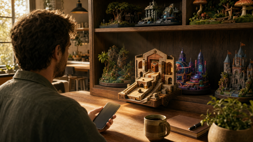 Player at a kitchen table watches an older geometric puzzle-game miniature move to the front of a shelf of newer games.