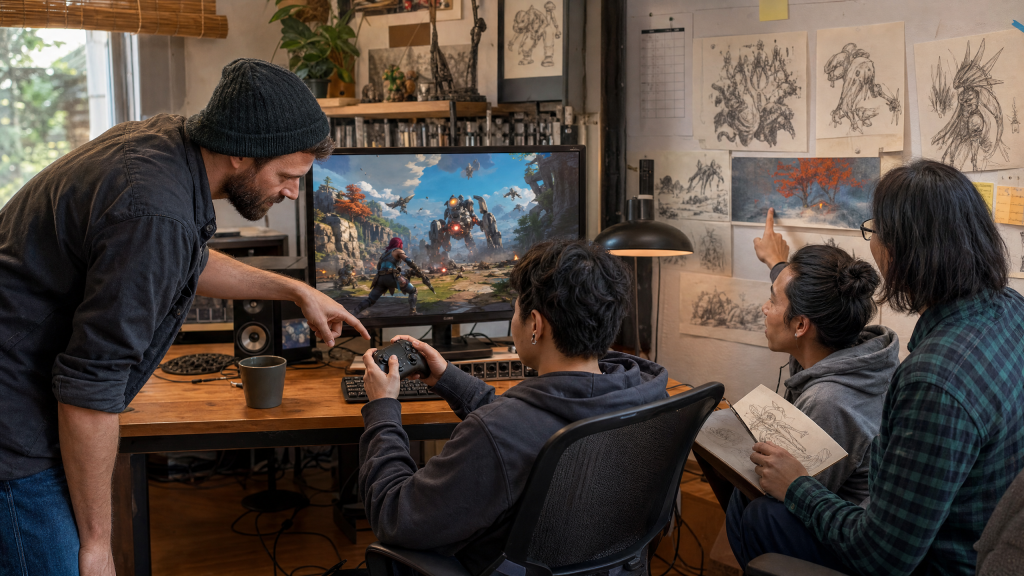 Four indie developers from two small teams reviewing a colorful game prototype together in a compact studio.
