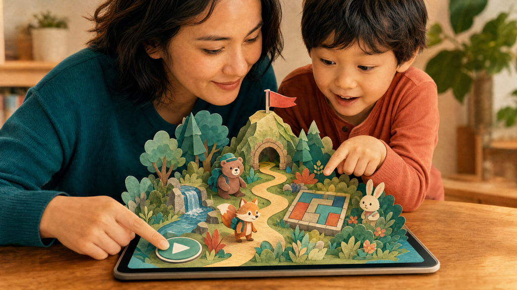 Parent and young child choosing a colorful animal adventure together on a tablet at a family table.