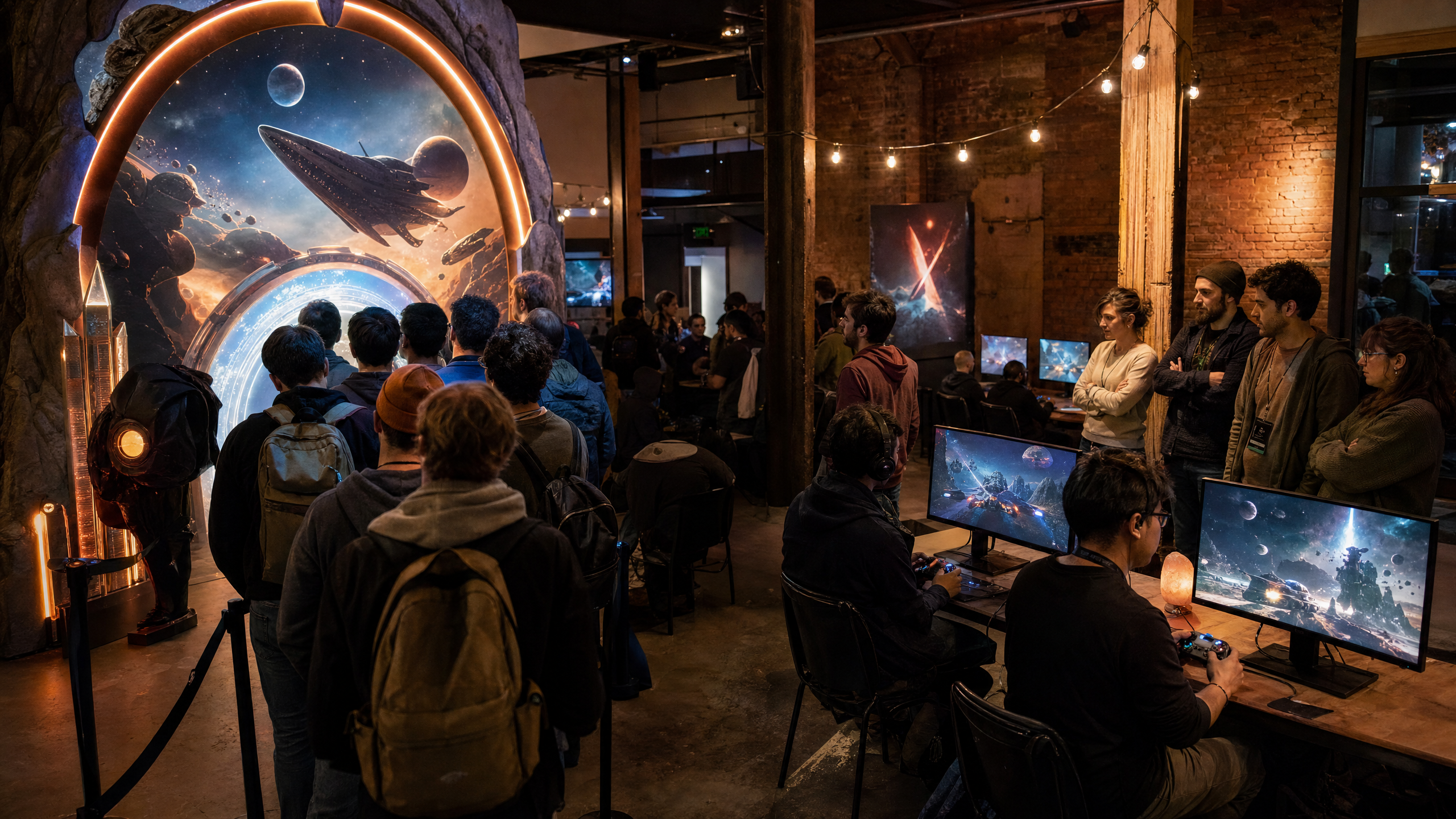 A crowded game launch where a bright fictional space-adventure marquee draws people inside while a small development team watches players at demo stations.