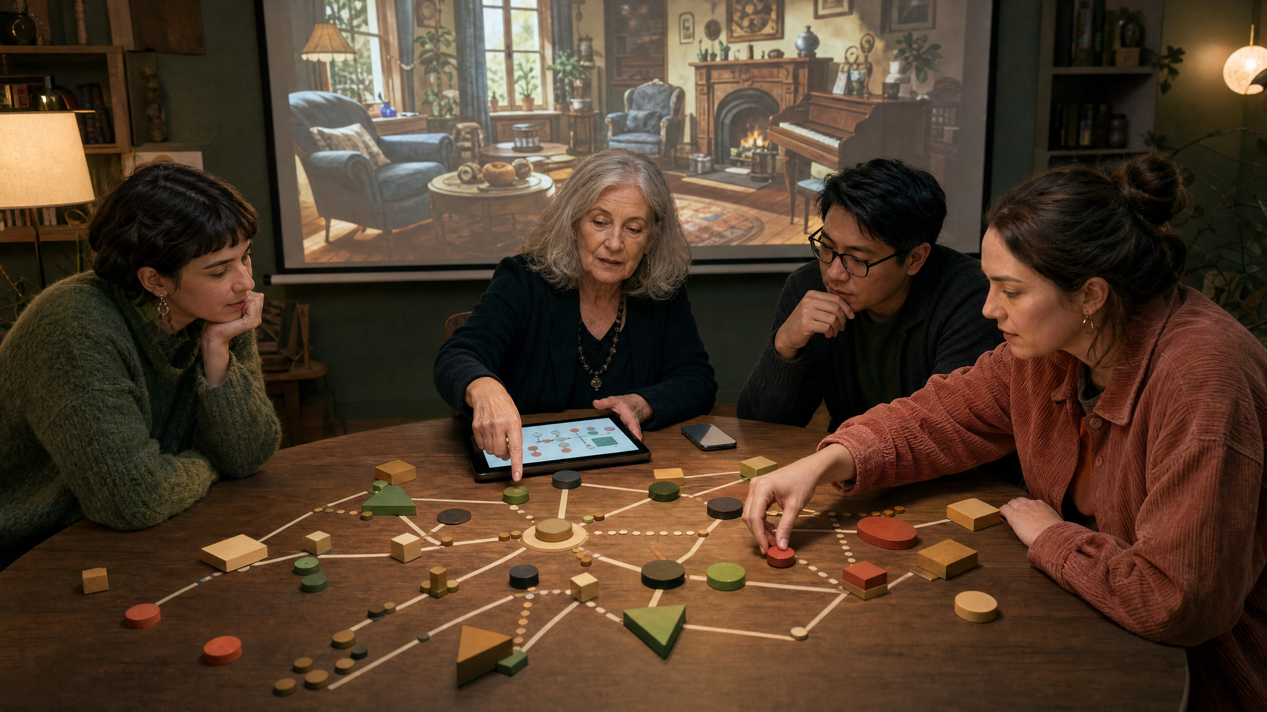 An older player uses a tablet, phone, and a textless economy map to explain a fictional hidden-object game to a listening development team.