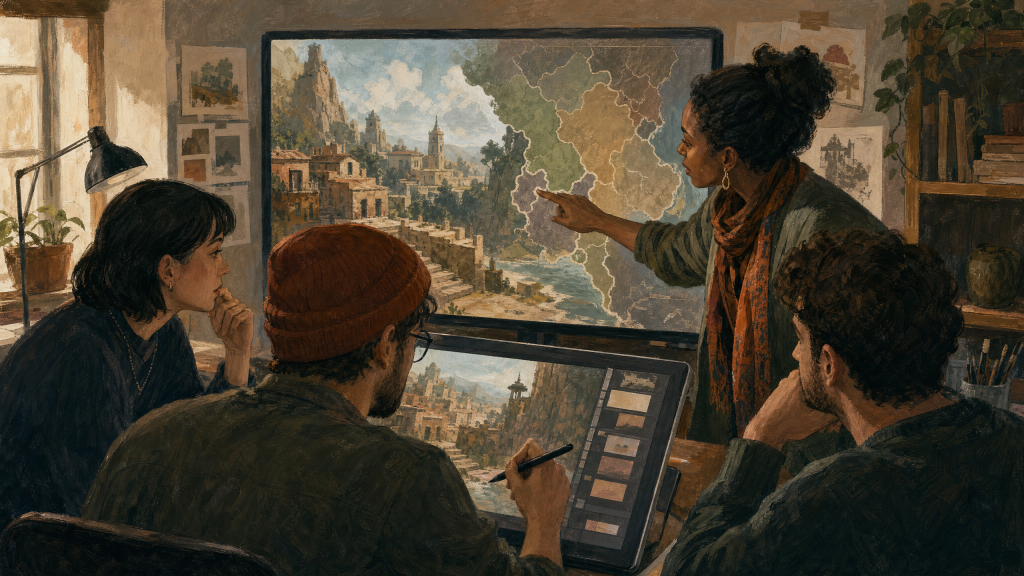Small game team reviewing an unfinished world map and environment with a cultural specialist while an artist edits the scene.