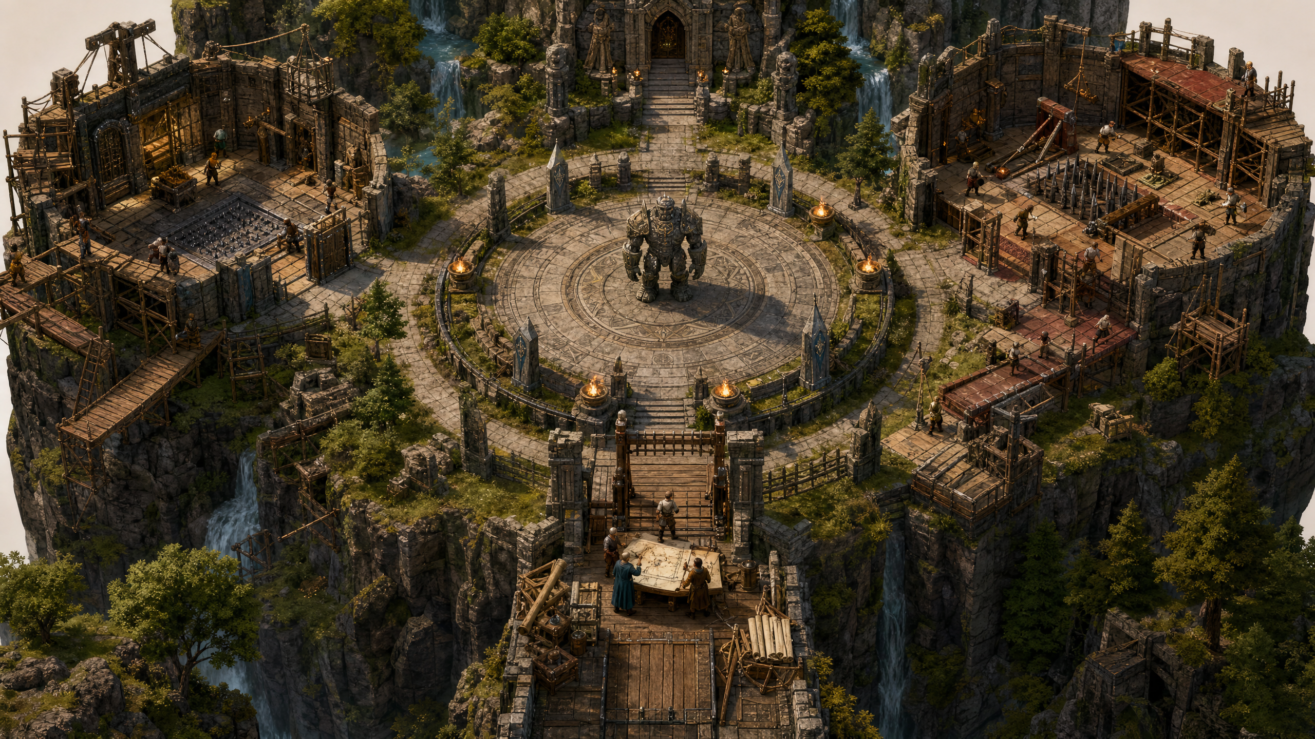 A shared fantasy boss arena remains fixed in the centre while players assemble optional challenge rooms around its outer ring and a studio moderator checks the connection point.