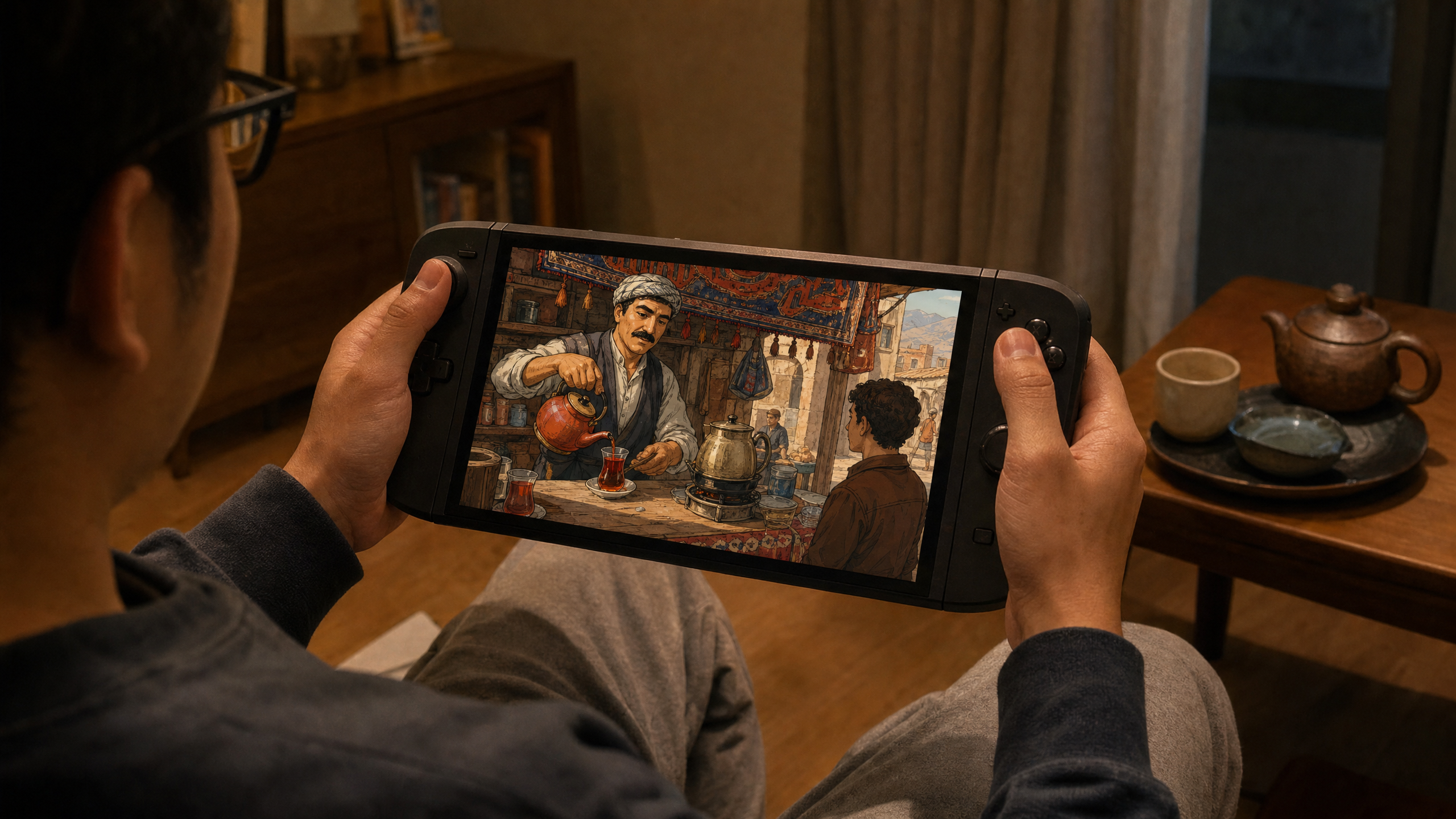 Player holding a handheld PC that shows a hand-drawn tea stall with an istikan glass, kettle, customer, and patterned bazaar awning.